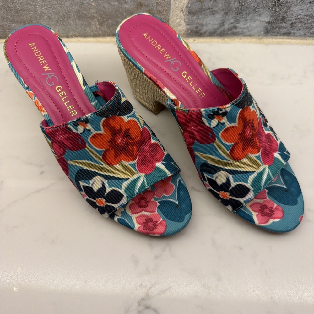 Floral Sandals Block Heel Shoes Slip On Andrew Geller Womens Burnette Size 7M - Picture 1 of 8